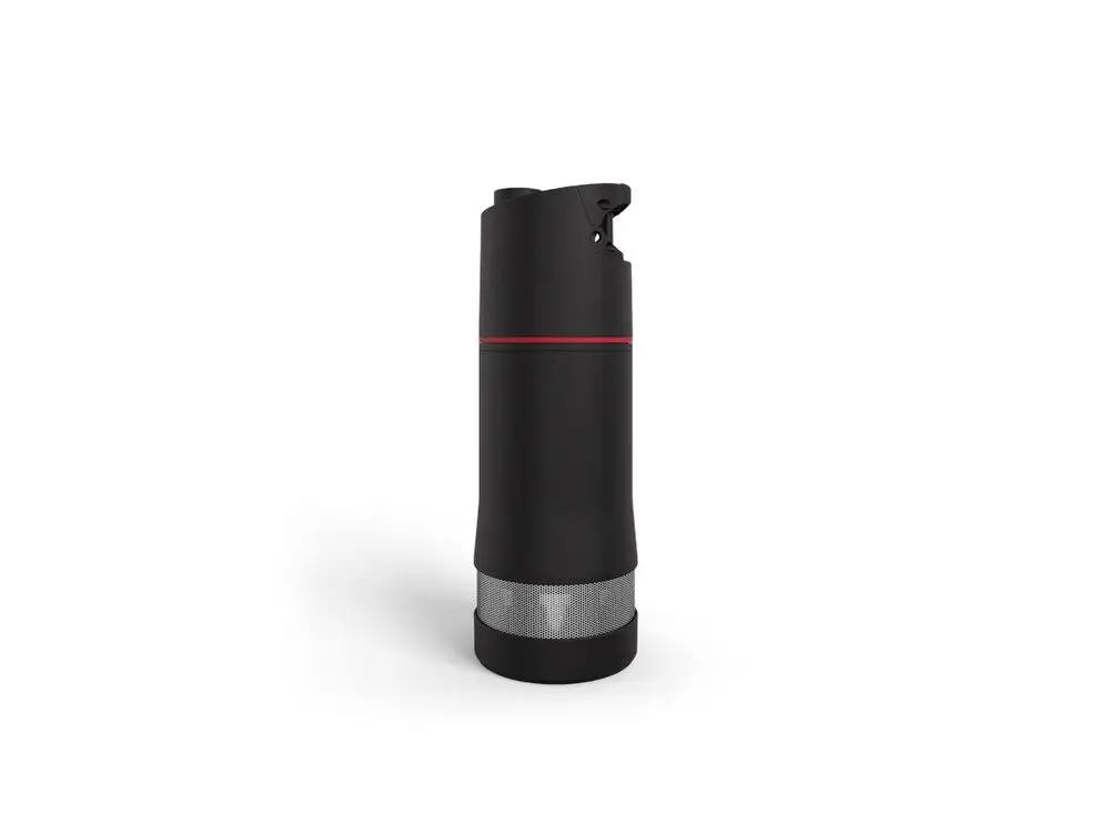 Schwarze Pumpeneinheit von Grundfos mit einem schlichten Design und einem unteren Abschnitt aus Metallgitter, geeignet für den Einsatz in Wasseranwendungen.